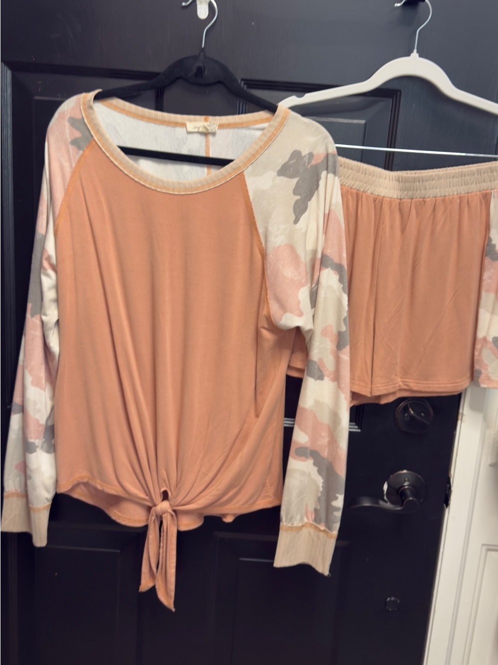 Mystree Peach Tie-Front Raglan Top and short set with Camo Print Sleeves